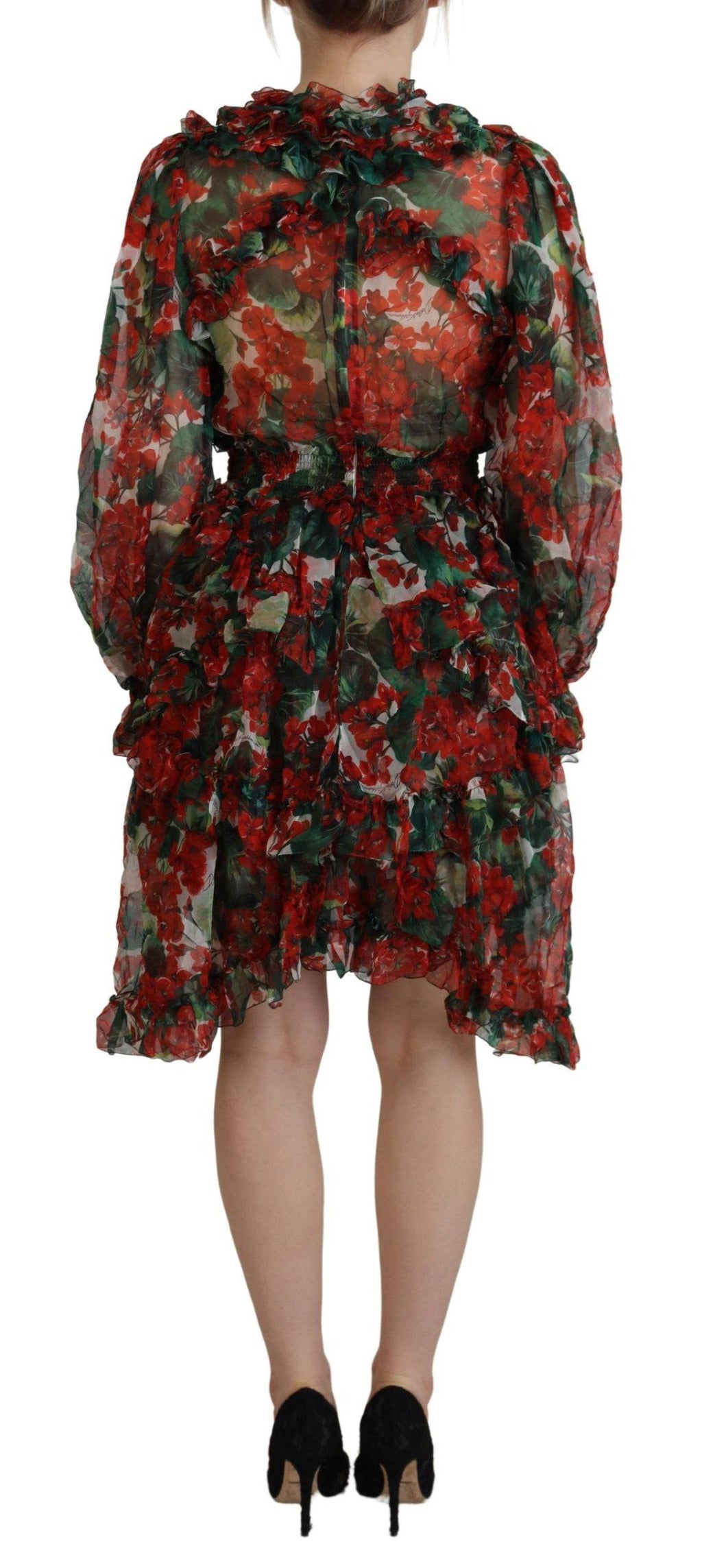 Robe longue au genou Dolce & Gabbana multicolore avec motif géranium, style évasé et élégante coupe en tissu léger.