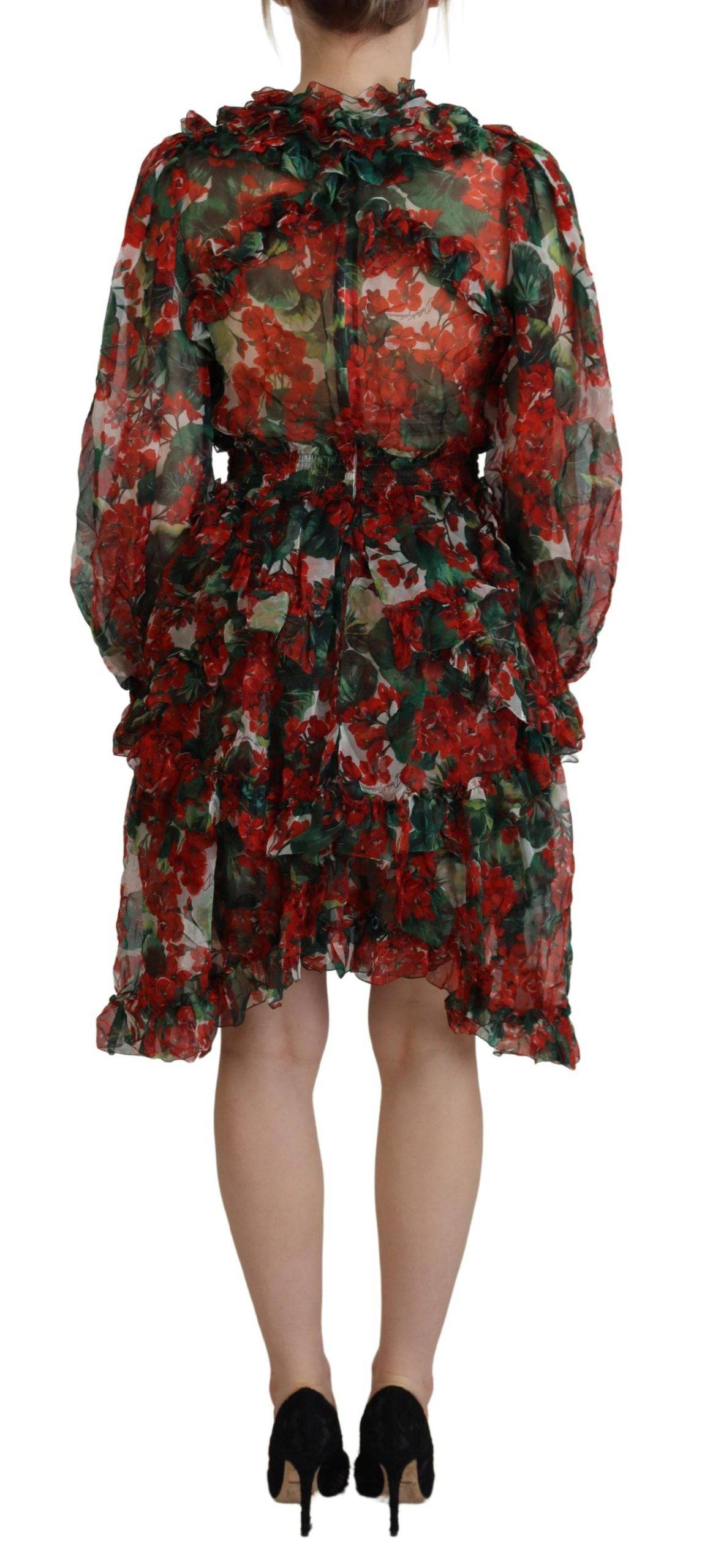Robe longue au genou Dolce & Gabbana multicolore avec motif géranium, style évasé et élégante coupe en tissu léger.