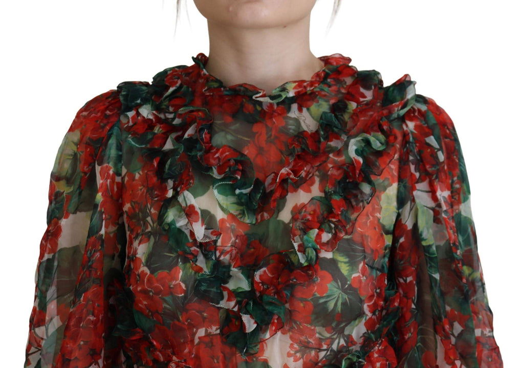 Robe longue en ligne A à la longueur du genou avec motifs multicolores de geranium, par Dolce & Gabbana.