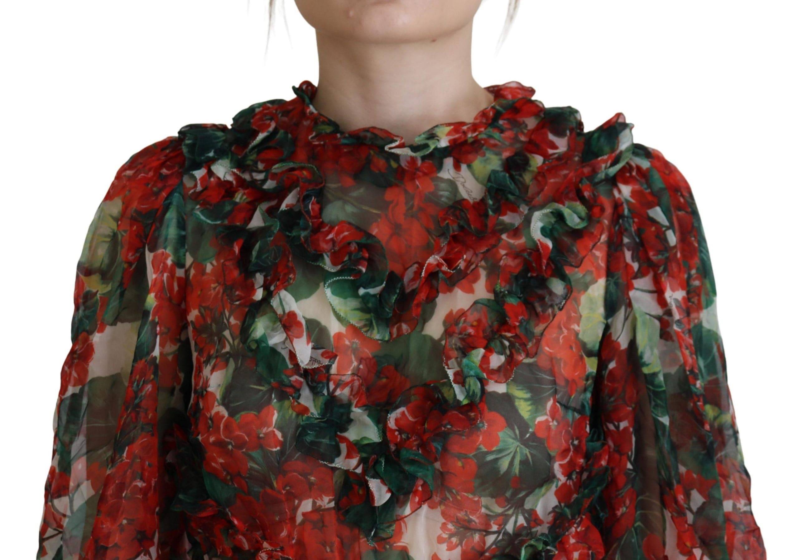 Robe longue en ligne A à la longueur du genou avec motifs multicolores de geranium, par Dolce & Gabbana.