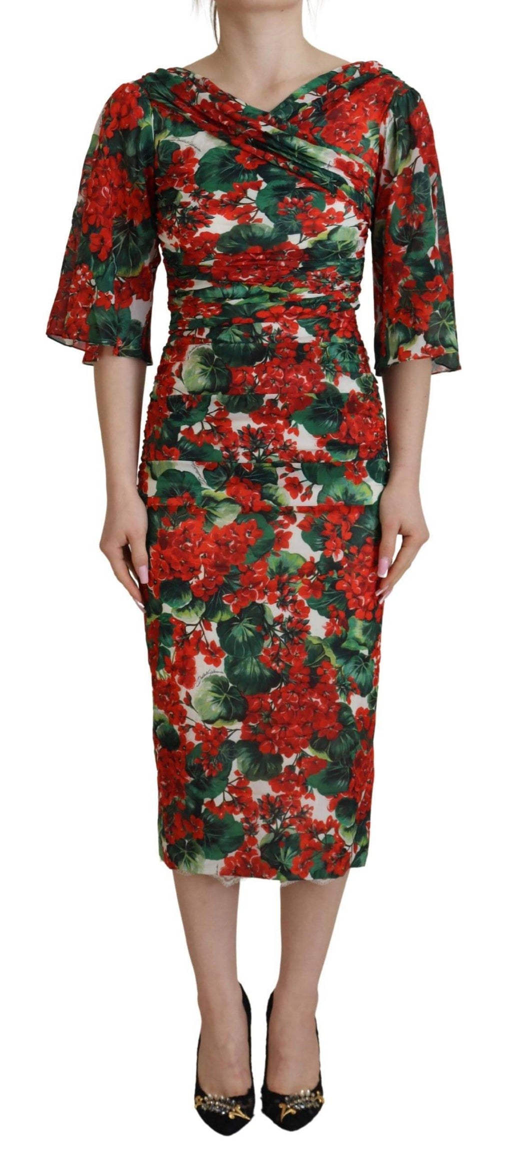Robe midi en soie multicolore avec geranium de Dolce & Gabbana, coupe ajustée et élégante, pour femme.