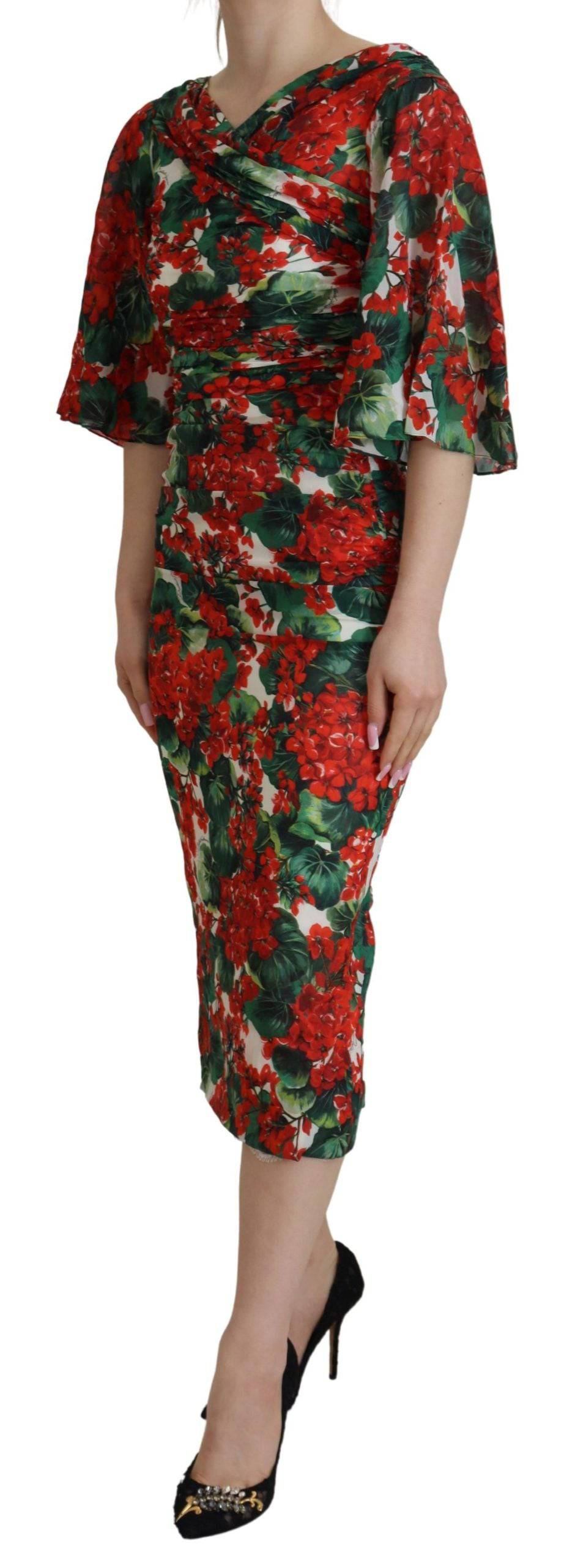 Robe midi en soie multicolore avec geraniums, robe droite Dolce & Gabbana, design élégant et floral.