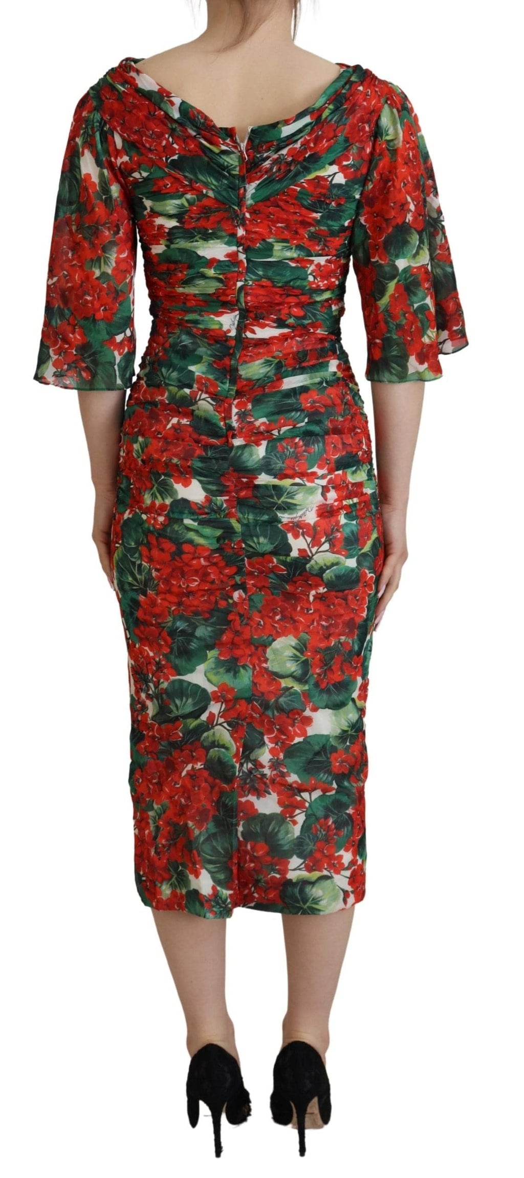 Robe midi en soie multicolore avec geranium, création Dolce & Gabbana, coupe ajustée et élégante.