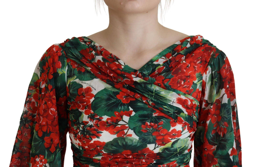 Robe midi en soie multicolore à geranium de Dolce & Gabbana, coupe ajustée et élégante, pour femme.