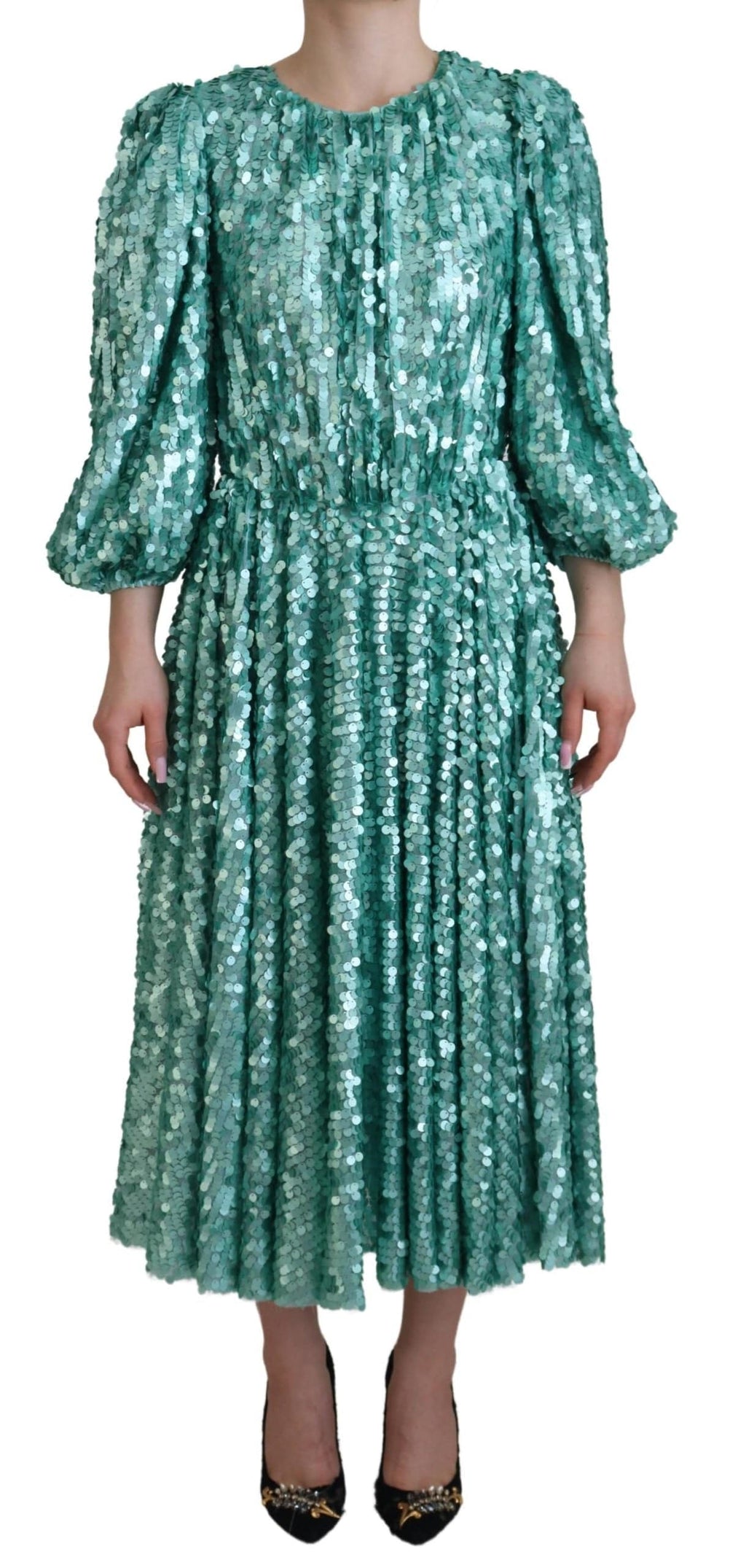 Robe midi en nylon bleu à sequins, plissée et évasée, de Dolce & Gabbana, style élégant et sophistiqué.