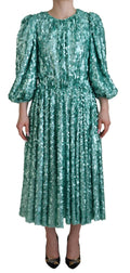 Robe midi en nylon bleu à sequins, plissée et évasée, de Dolce & Gabbana, style élégant et sophistiqué.