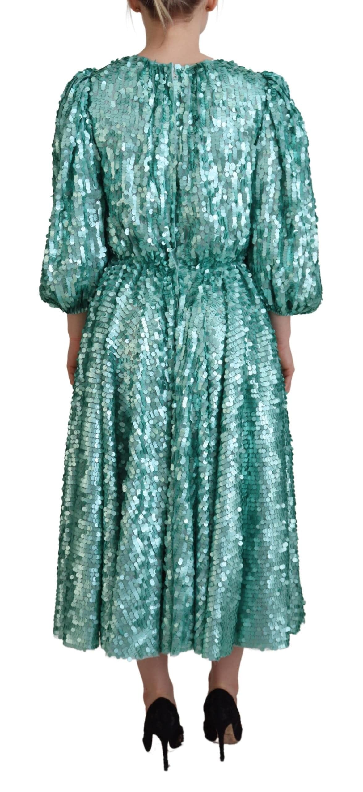 Robe midi plissée en nylon bleu à sequins de Dolce & Gabbana, silhouette en A-line élégante et brillante.