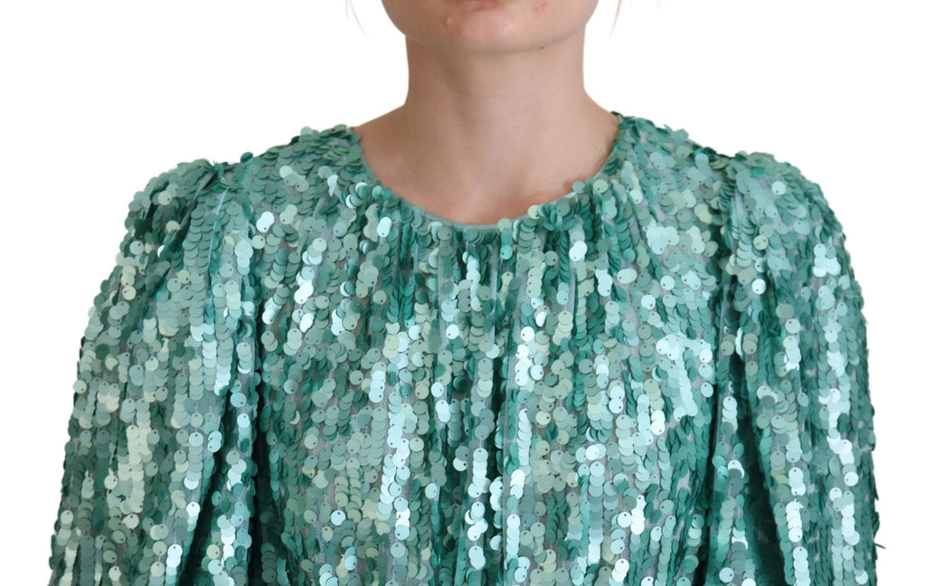Robe midi en nylon bleu à sequins et plis plissés de Dolce & Gabbana, coupe A-line élégante.