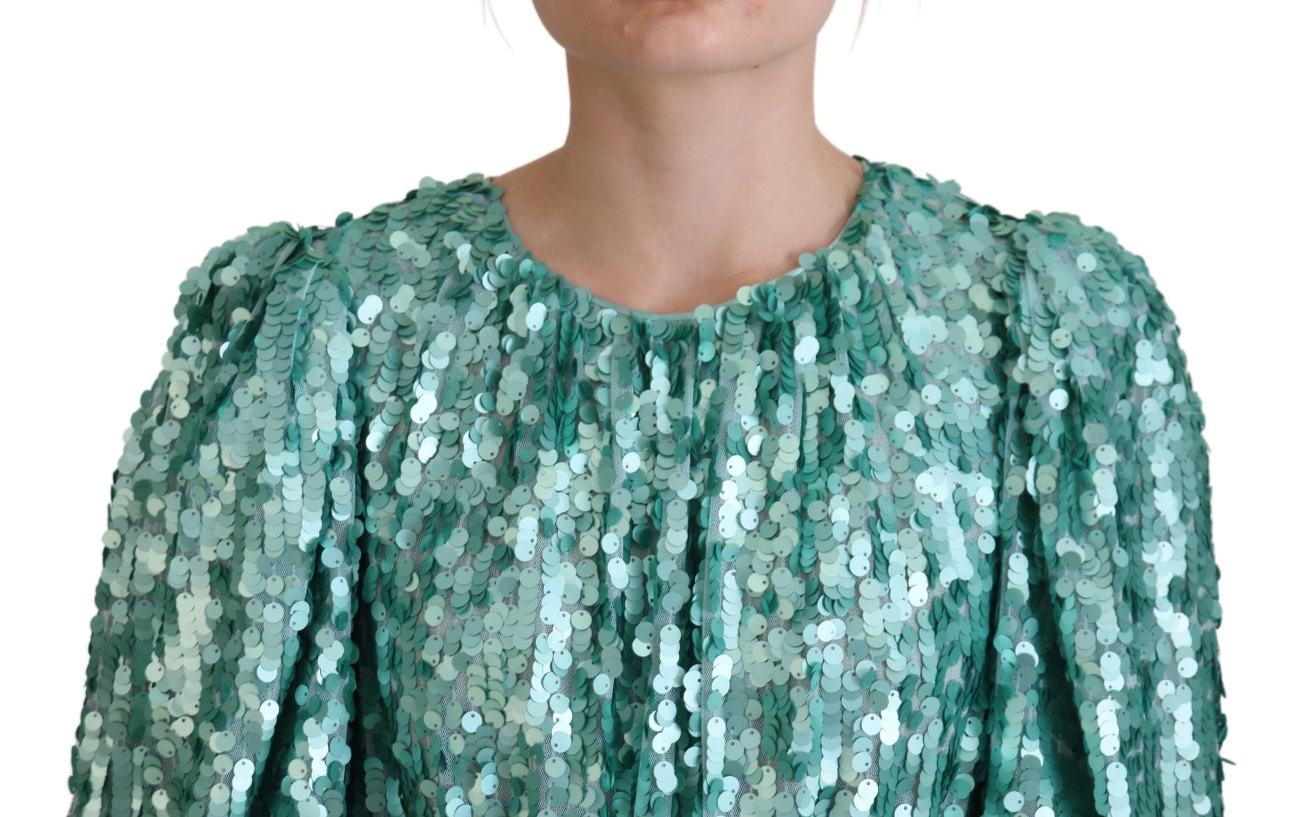 Robe midi en nylon bleu à sequins et plis plissés de Dolce & Gabbana, coupe A-line élégante.