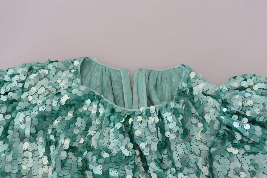 Robe midi en nylon bleu à sequins plissés et coupe évasée, signée Dolce & Gabbana, pour une allure élégante et sophistiquée