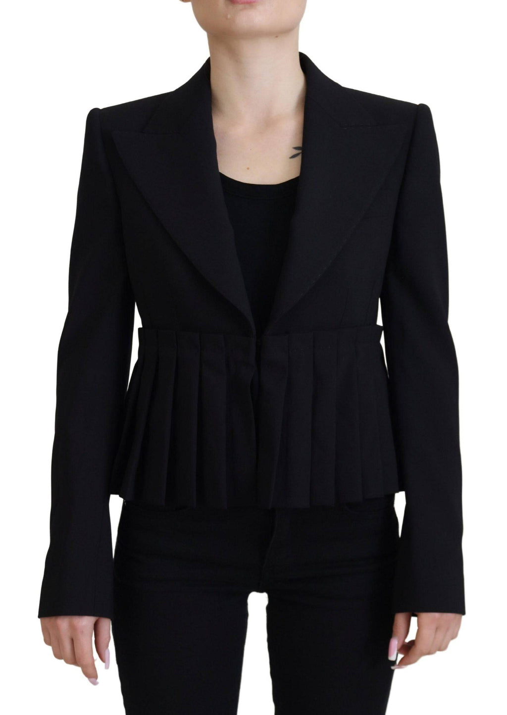 Veste blazer en laine noire à un seul bouton de Dolce & Gabbana, coupe ajustée et élégante, vue de face.