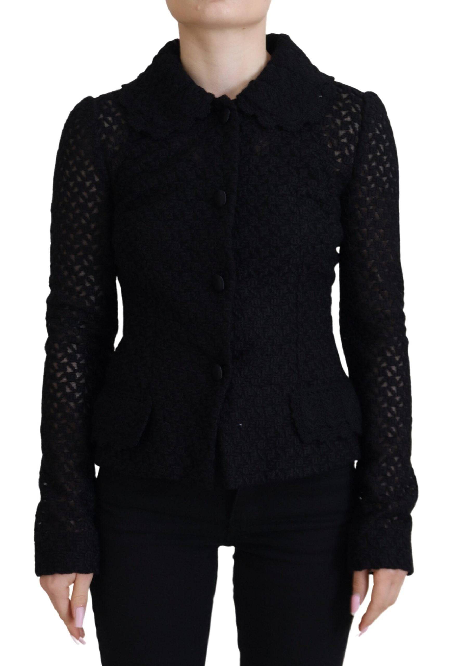 Veste en laine noire Dolce & Gabbana avec col à boutons et finition tricotée, élégante et sophistiquée pour homme.