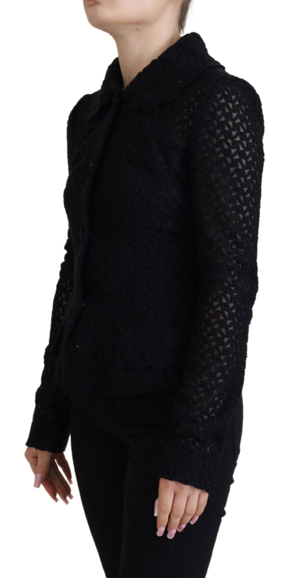 Veste en laine noire Dolce & Gabbana avec col boutonné et coupe élégante, vue détaillée du devant.