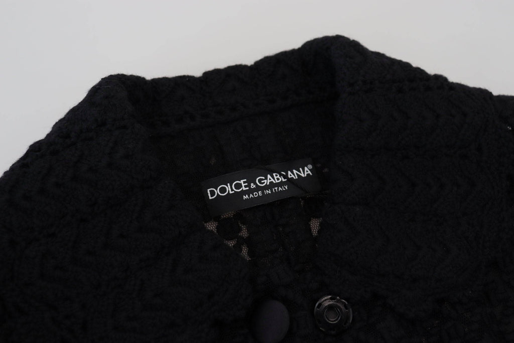 Veste en laine noire Dolce & Gabbana avec col à boutons, coupe élégante et finition tricotée.