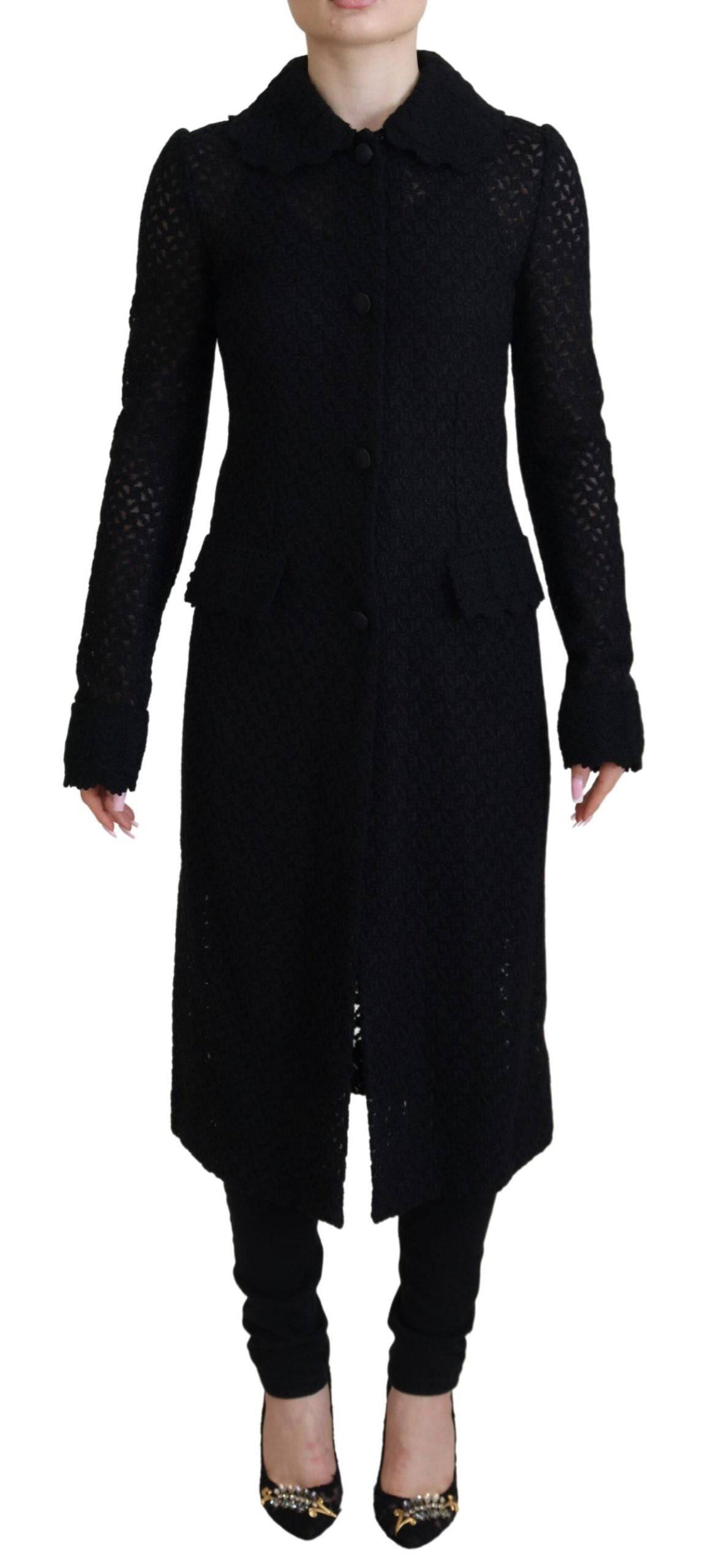 Blazer long noir en coton Dolce & Gabbana avec boutons, élégant et sophistiqué, porté sur un mannequin.