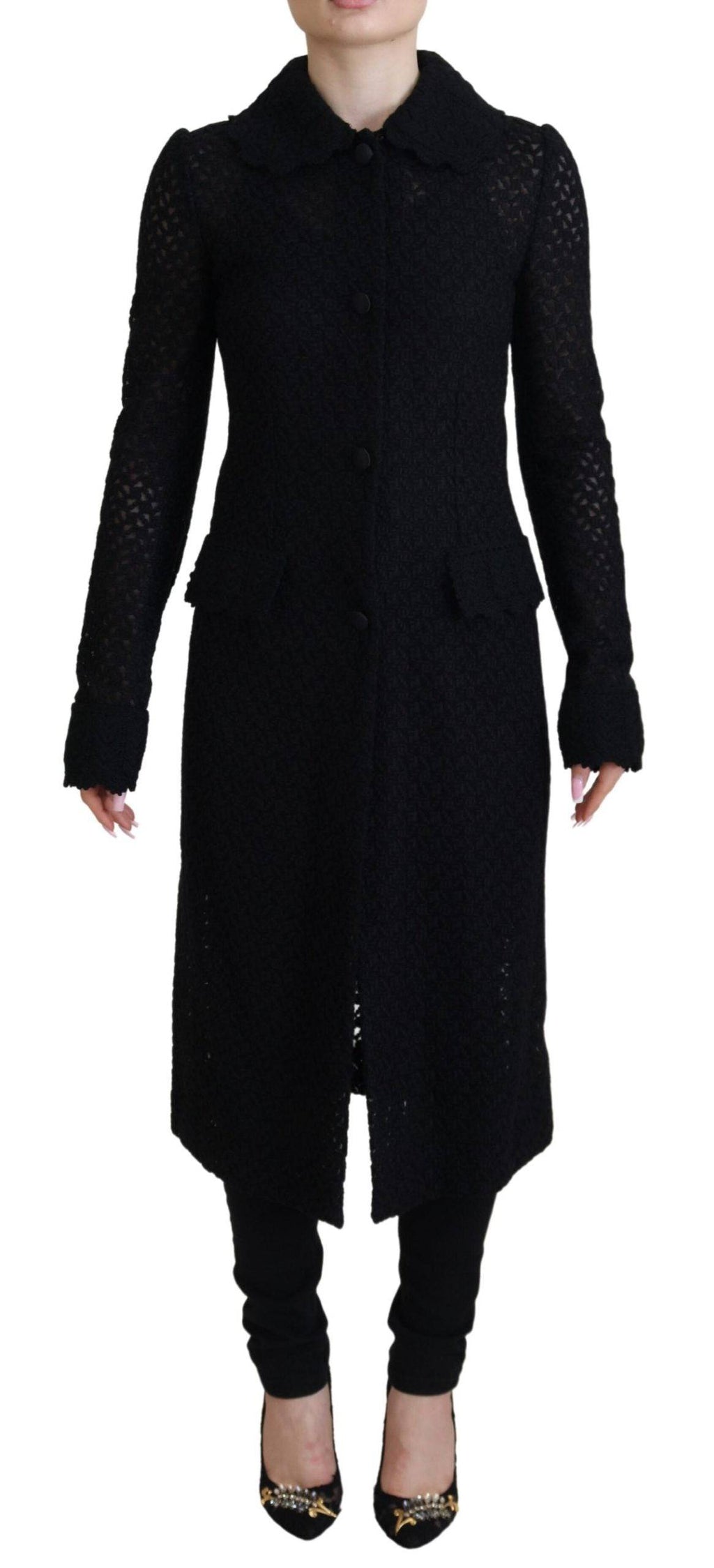 Blazer long noir en coton Dolce & Gabbana avec boutons, élégant et sophistiqué, porté sur un mannequin.