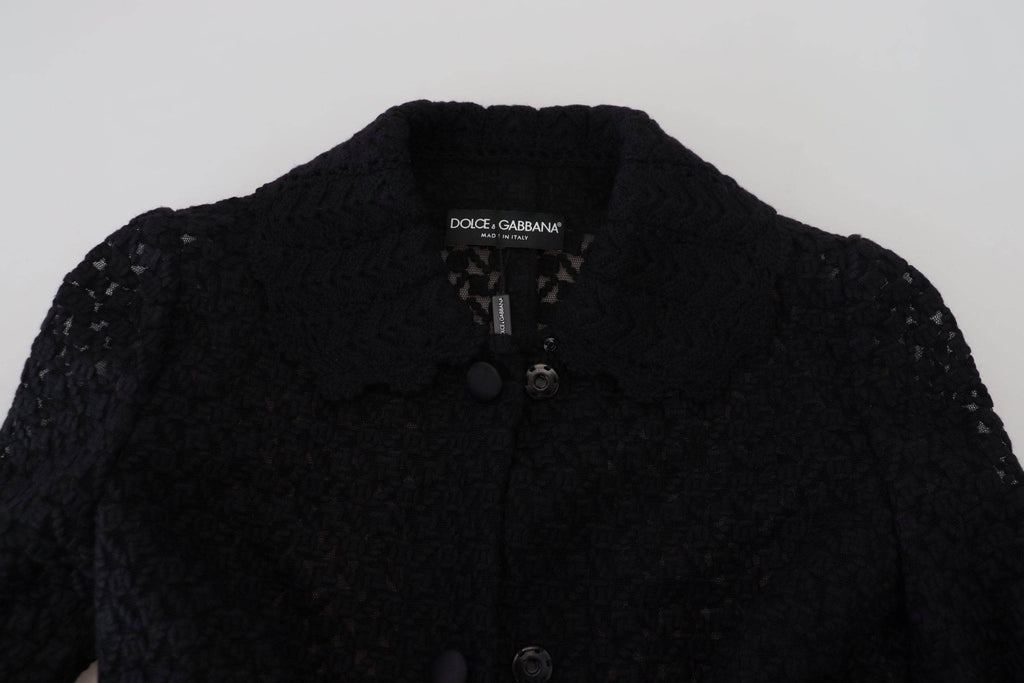 Veste blazer noire à boutons Dolce & Gabbana en coton, long et élégante, portée ouverte, vue de face.