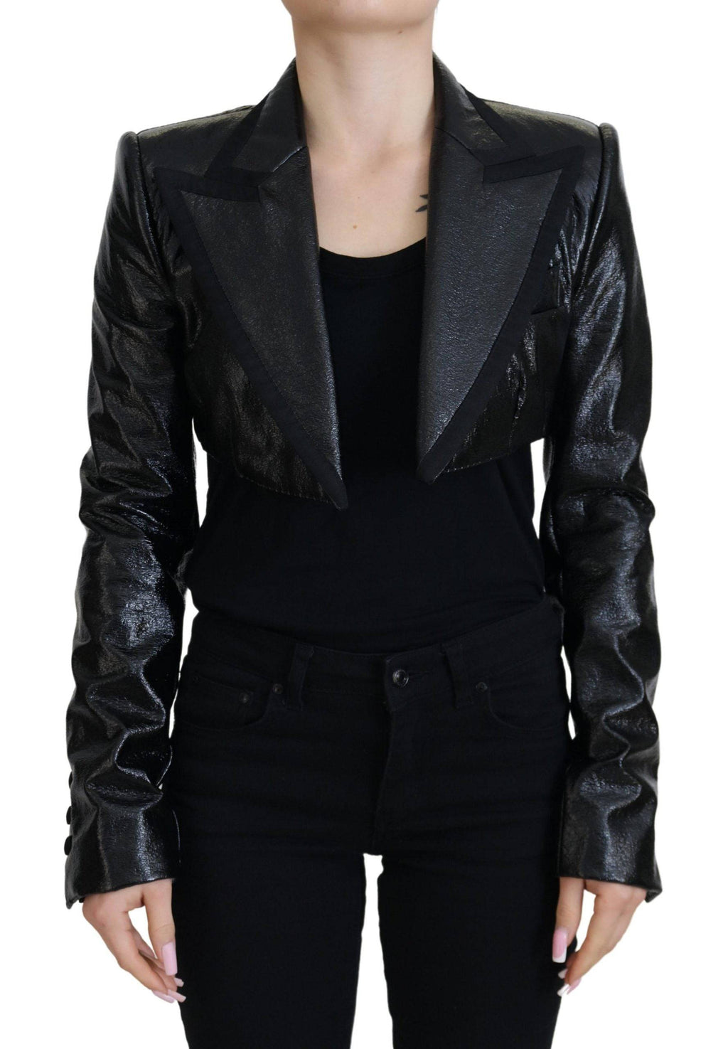 Veste courte en coton noire Dolce & Gabbana à manches longues, blazer élégant avec coupe ajustée.
