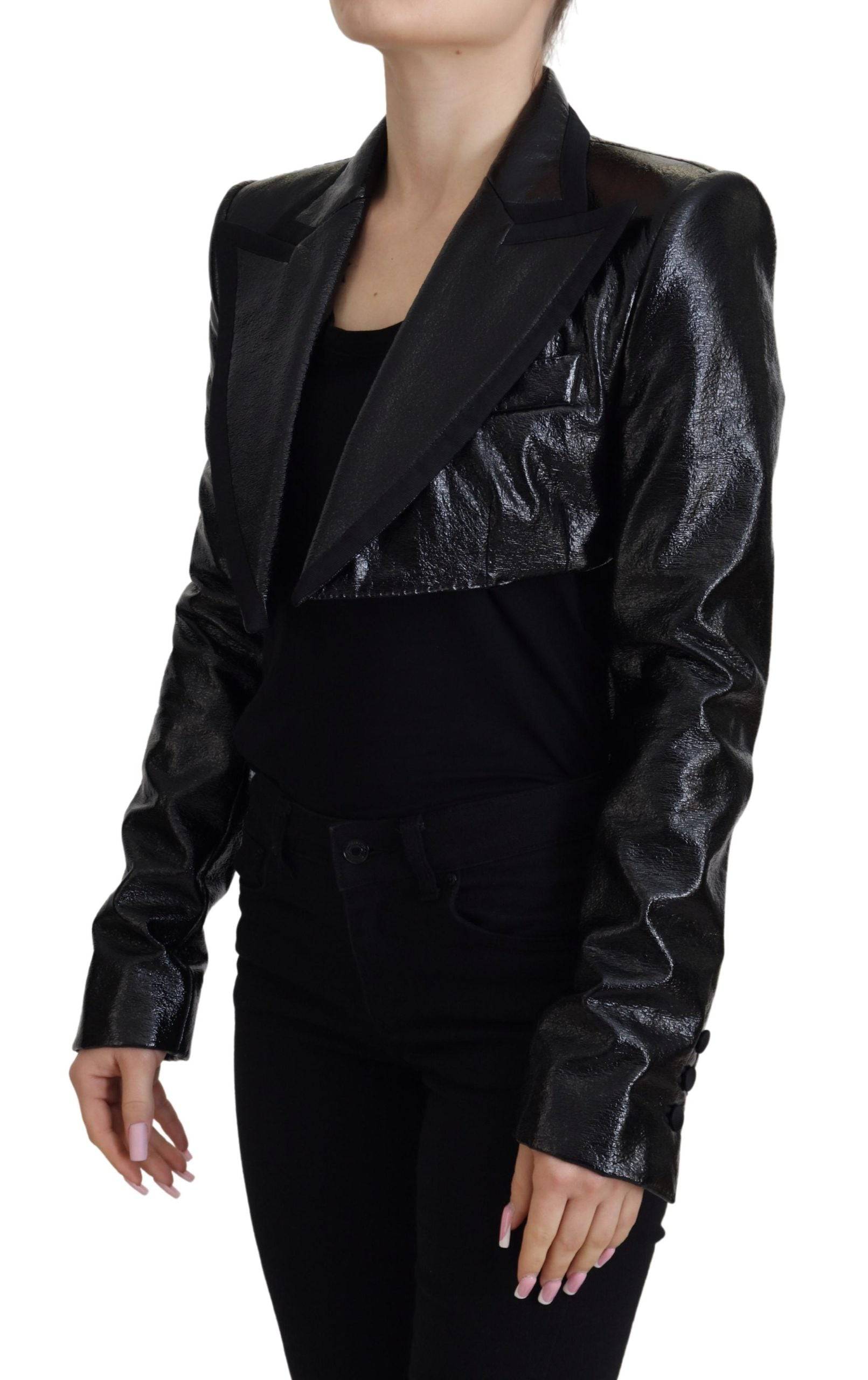 Veste blazer cropped noir à manches longues en coton de Dolce & Gabbana, vue de face sur fond blanc.