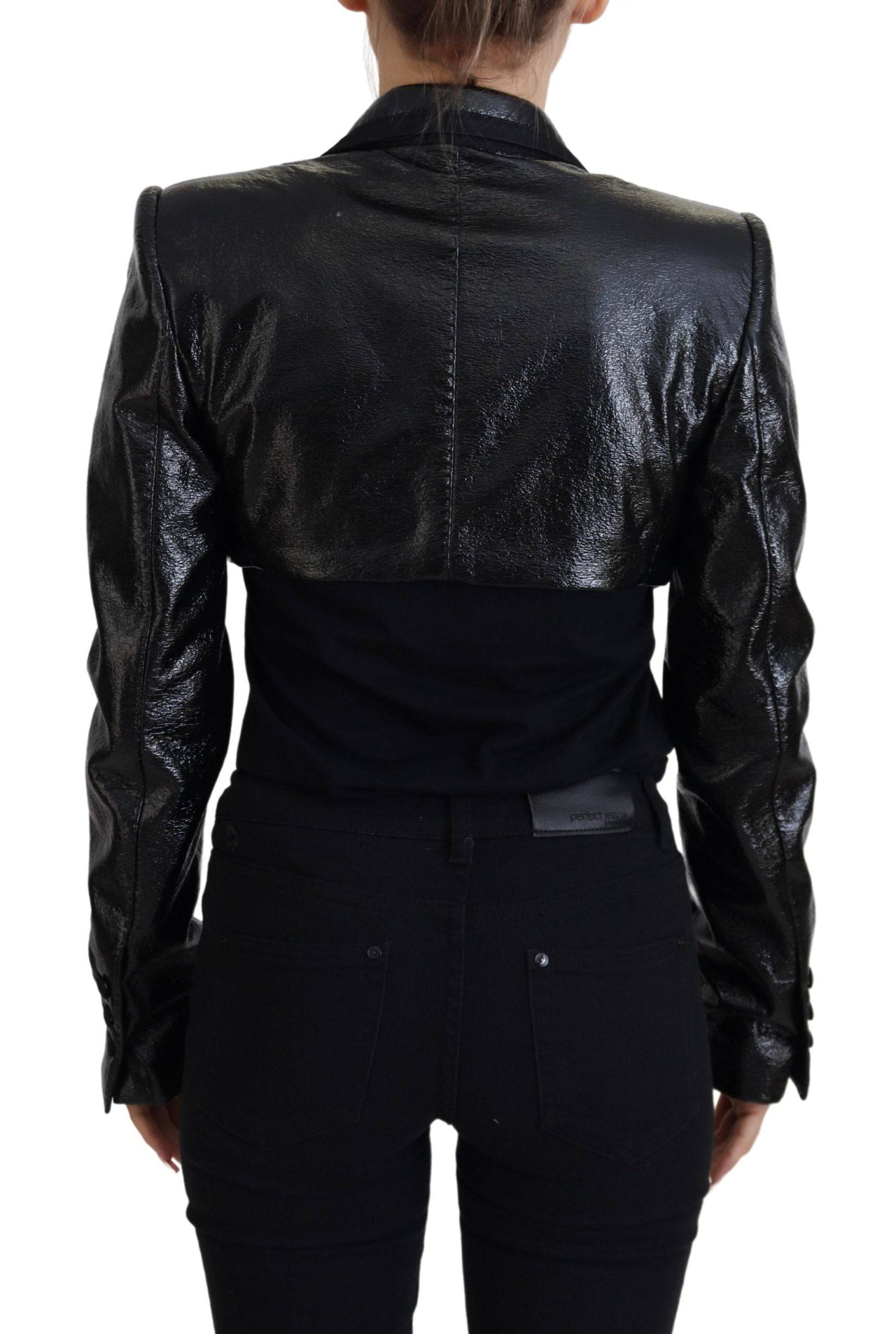 Blazer court noir en coton Dolce & Gabbana à manches longues, élégant et moderne, porté sur un mannequin.