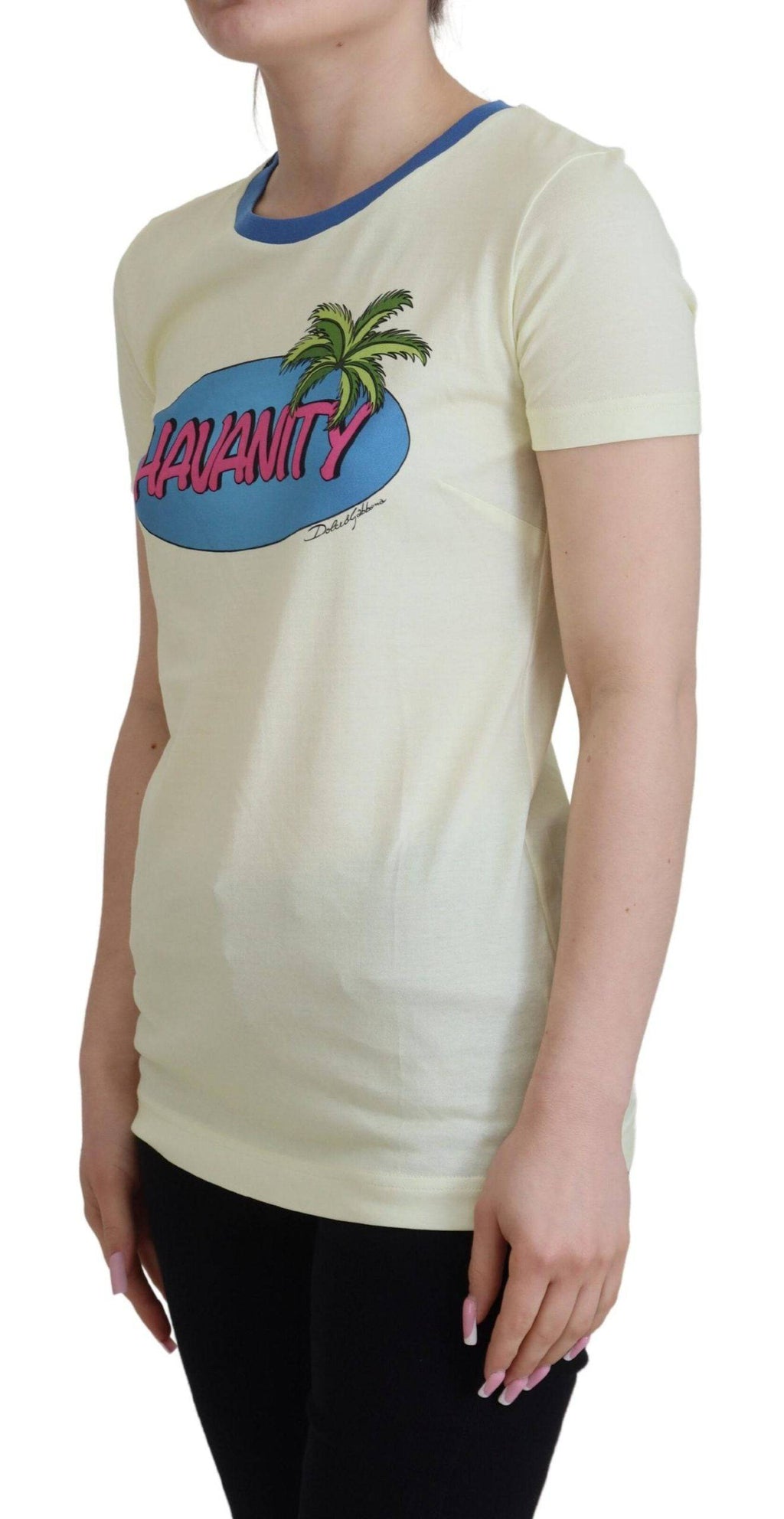 T-shirt ronde en coton jaune Dolce & Gabbana Havanity, vue de face, détails du col rond et tissu doux visible.