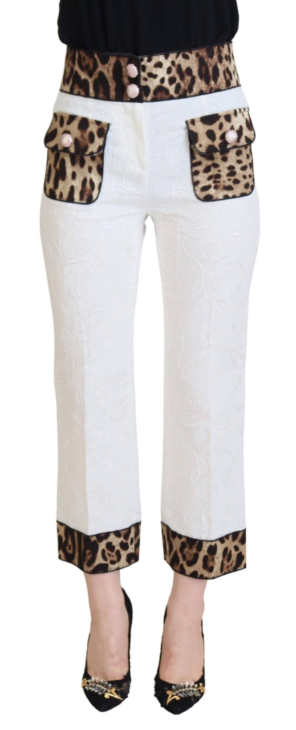 Pantalons Dolce & Gabbana à taille haute en coton blanc avec motif léopard, mode chic et tendance pour femmes.