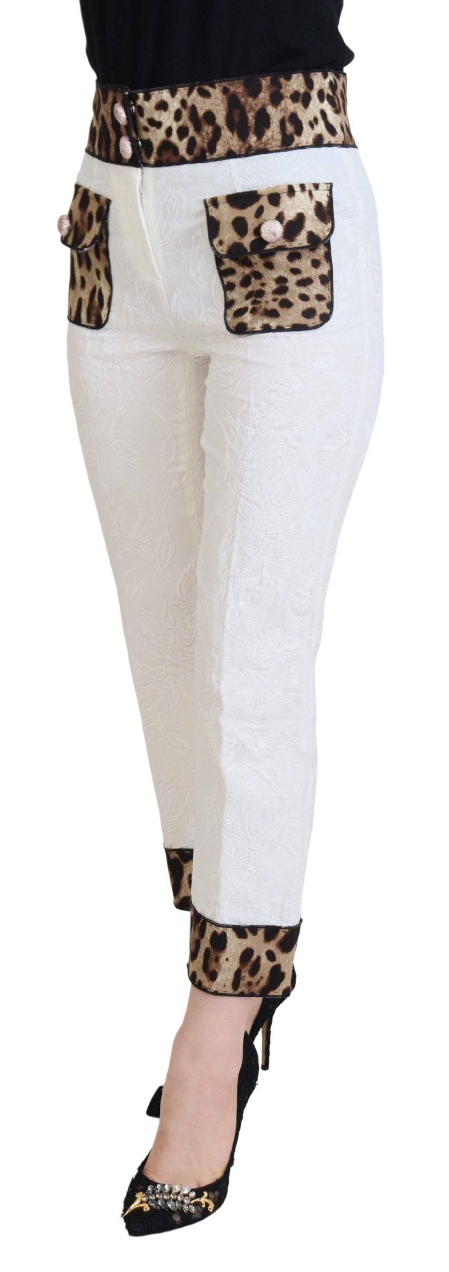 Pantalons taille haute Dolce & Gabbana à imprimé léopard blanc, coupe élégante et tendance, en tissu léger.
