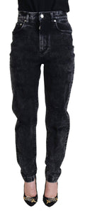 Jean en denim noir Dolce & Gabbana, coupe taille haute en coton lavé, visible avec détails de couture et poches à l’arrière.