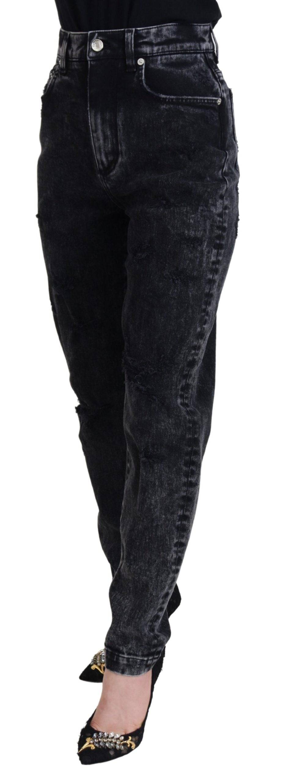 Jeans en denim noir à taille haute Dolce & Gabbana, coton lavé, coupe ajustée et détails élégants visibles sur l'image.