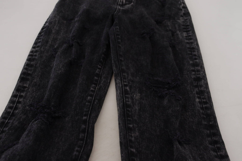 Jeans en denim noir délavé à taille haute de Dolce & Gabbana, coupe classique, avec détails en denim visible.