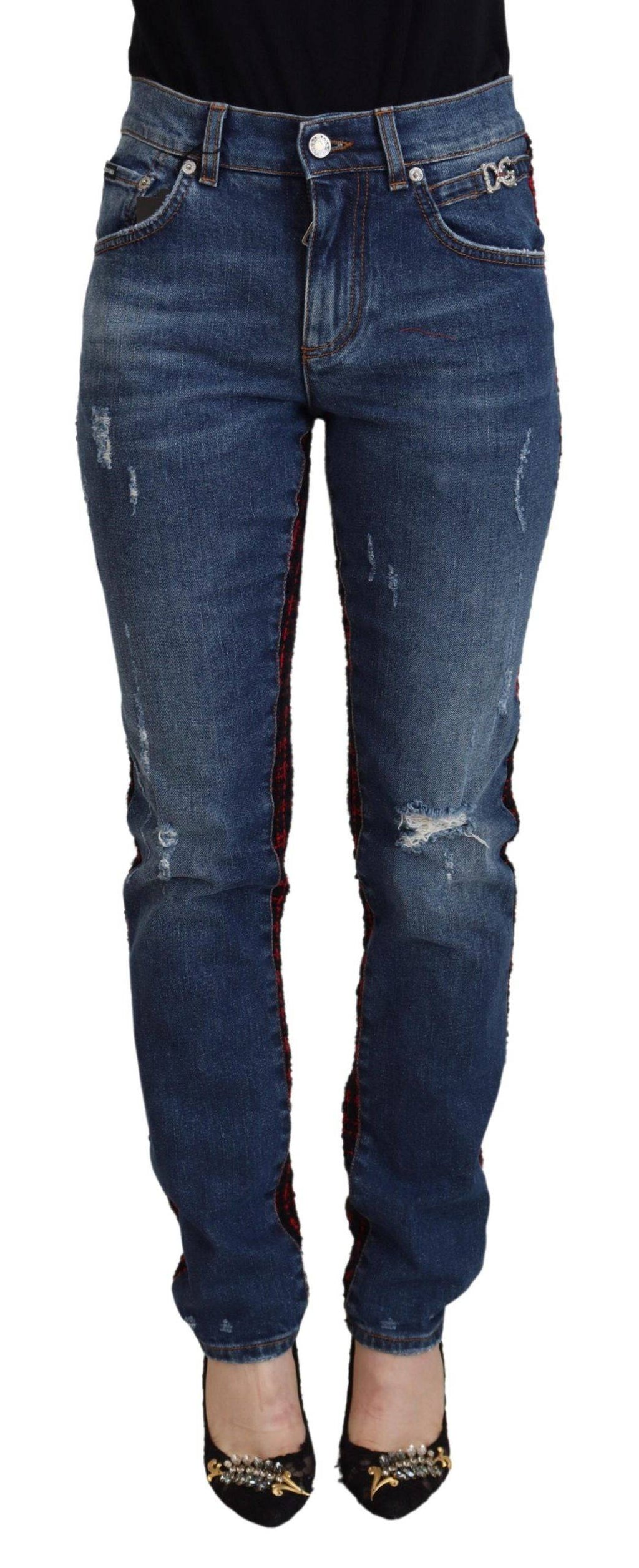 Jeans skinny en denim à carreaux bleus de Dolce & Gabbana, vue de dos, avec coupe ajustée et détails de couture visibles.