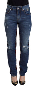 Jeans skinny en denim à carreaux bleus de Dolce & Gabbana, vue de dos, avec coupe ajustée et détails de couture visibles.