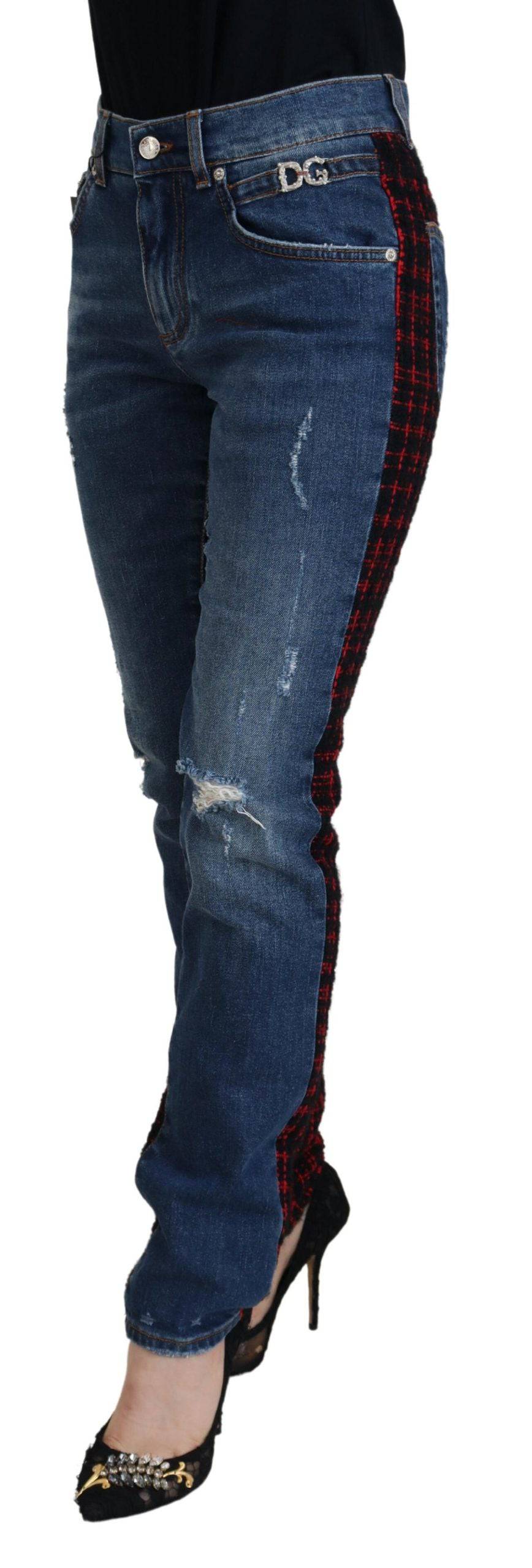 Jeans skinny en denim à carreaux bleus de Dolce & Gabbana, vue arrière avec coupe ajustée et motifs à carreaux.