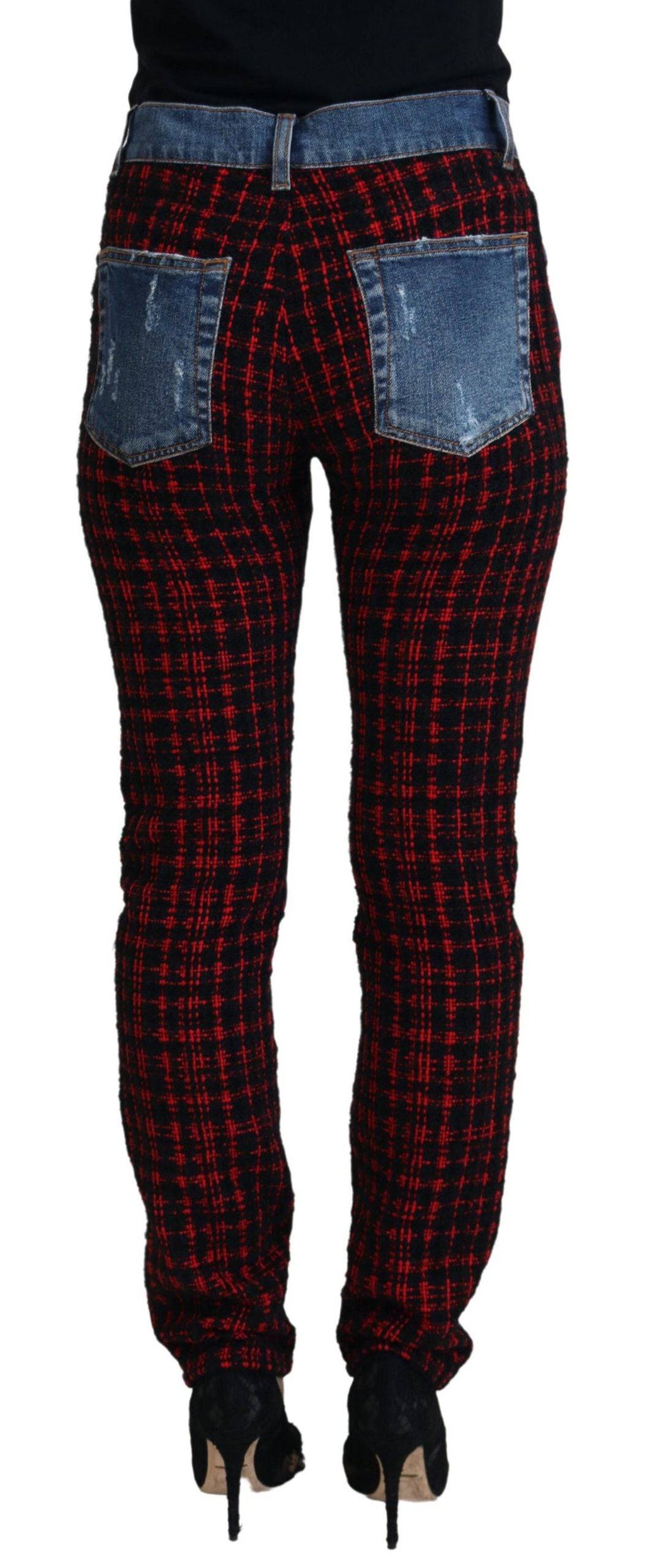 Jeans skinny en denim à carreaux bleus de Dolce & Gabbana, vue de l'arrière, avec détails de couture visibles.