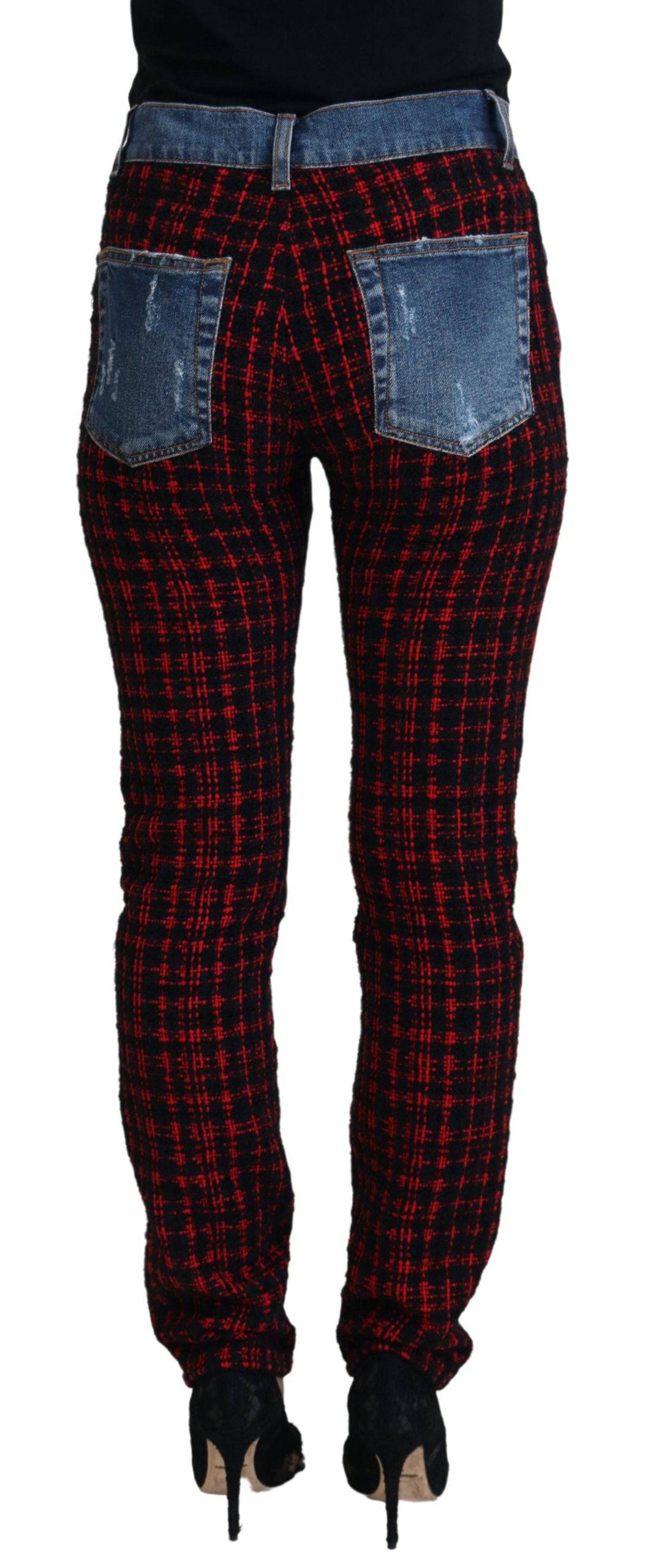 Jeans skinny en denim à carreaux bleus de Dolce & Gabbana, vue de l'arrière, avec détails de couture visibles.
