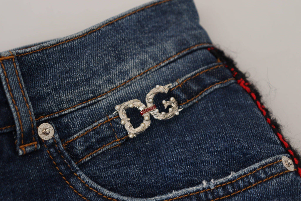 Jeans slim bleu à carreaux Dolce & Gabbana, coupe skinny, en denim avec détails à la ceinture et poches arrière.