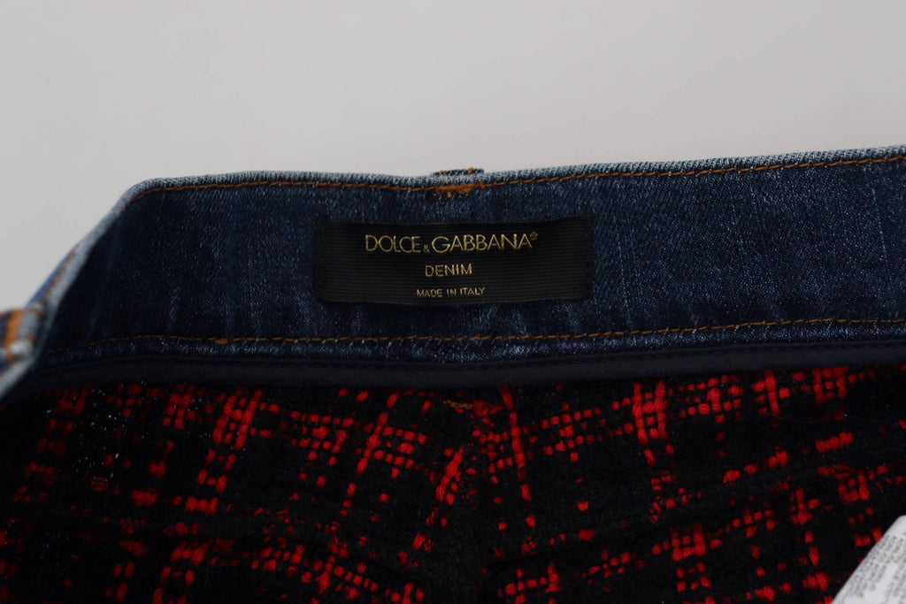 Jeans skinny en denim à carreaux bleus de Dolce & Gabbana, vue de l'arrière, avec taille haute et détails de couture.