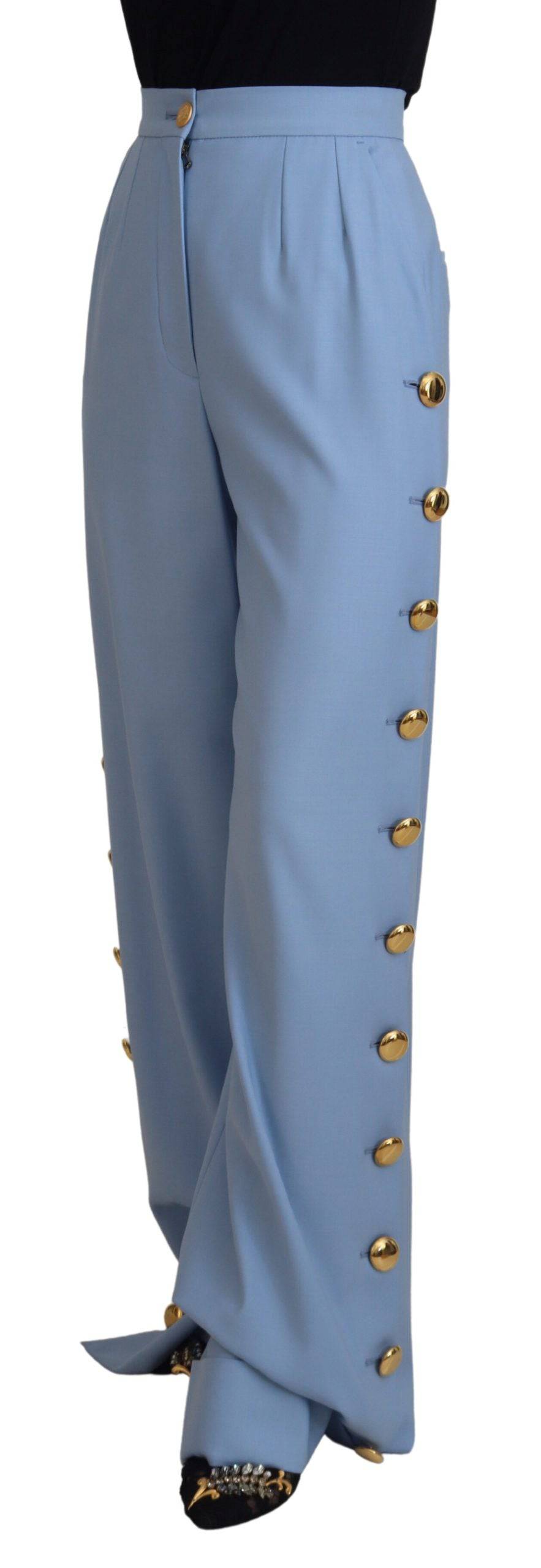 Pantalon large à boutons Dolce & Gabbana Light Blue en tissu léger, vue de face.