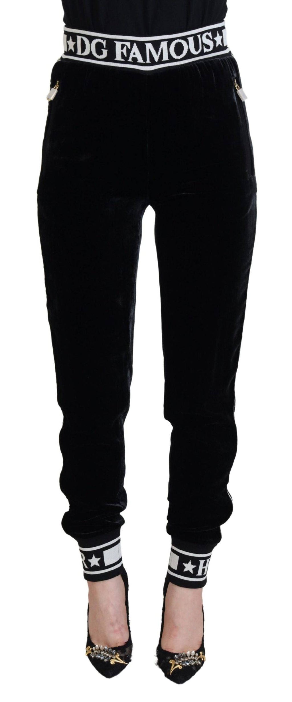 Pantalon en velours noir Dolce & Gabbana DG Logo, style élégant avec logo Dolce & Gabbana visible sur le tissu.