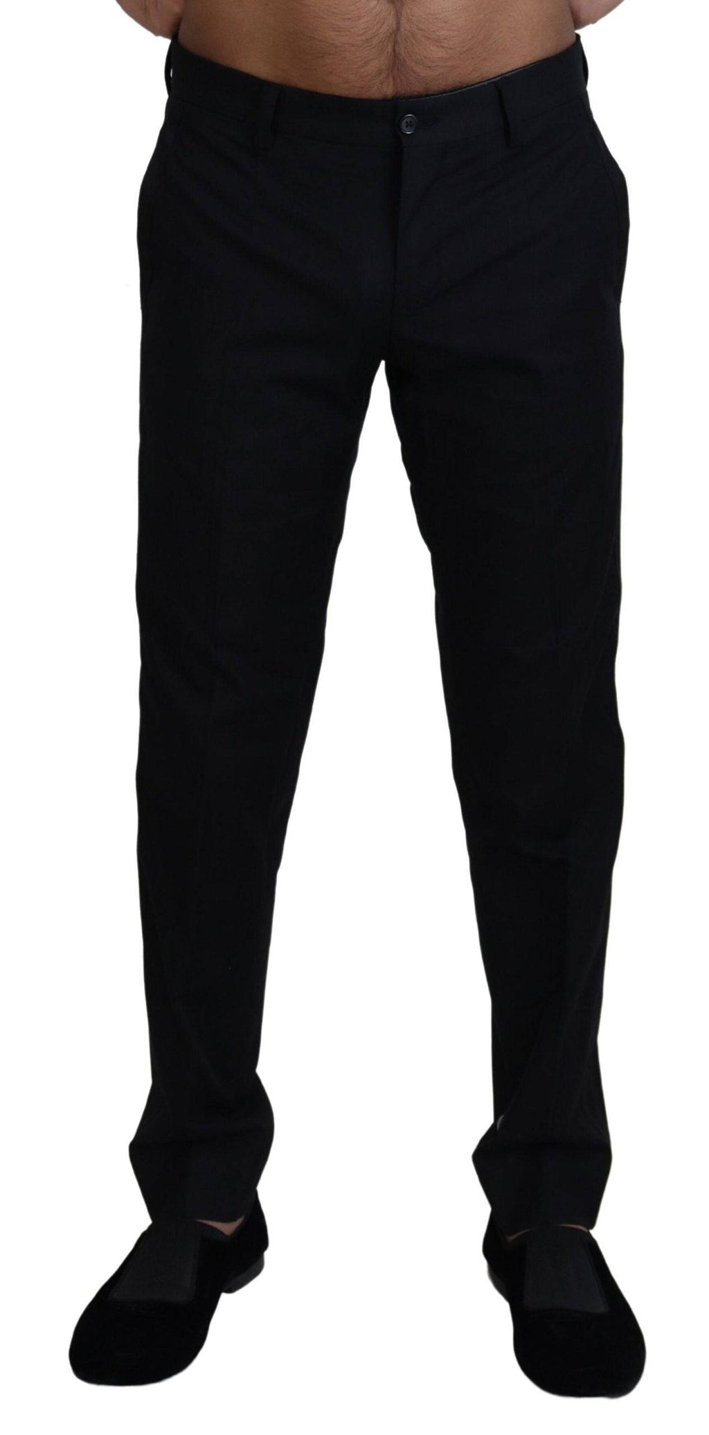 Pantalons chinos noirs en coton formels de Dolce & Gabbana, vue de face, détails élégants et coupe ajustée.