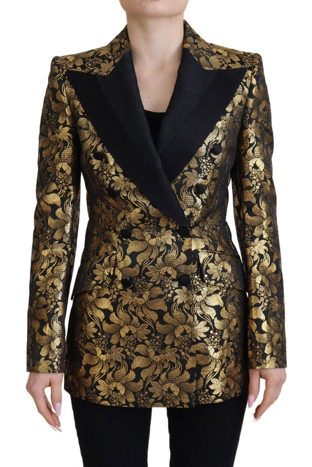 Blazer Dolce & Gabbana en jacquard noir et or, veste élégante avec motif sophistiqué, pour un look chic et raffiné.