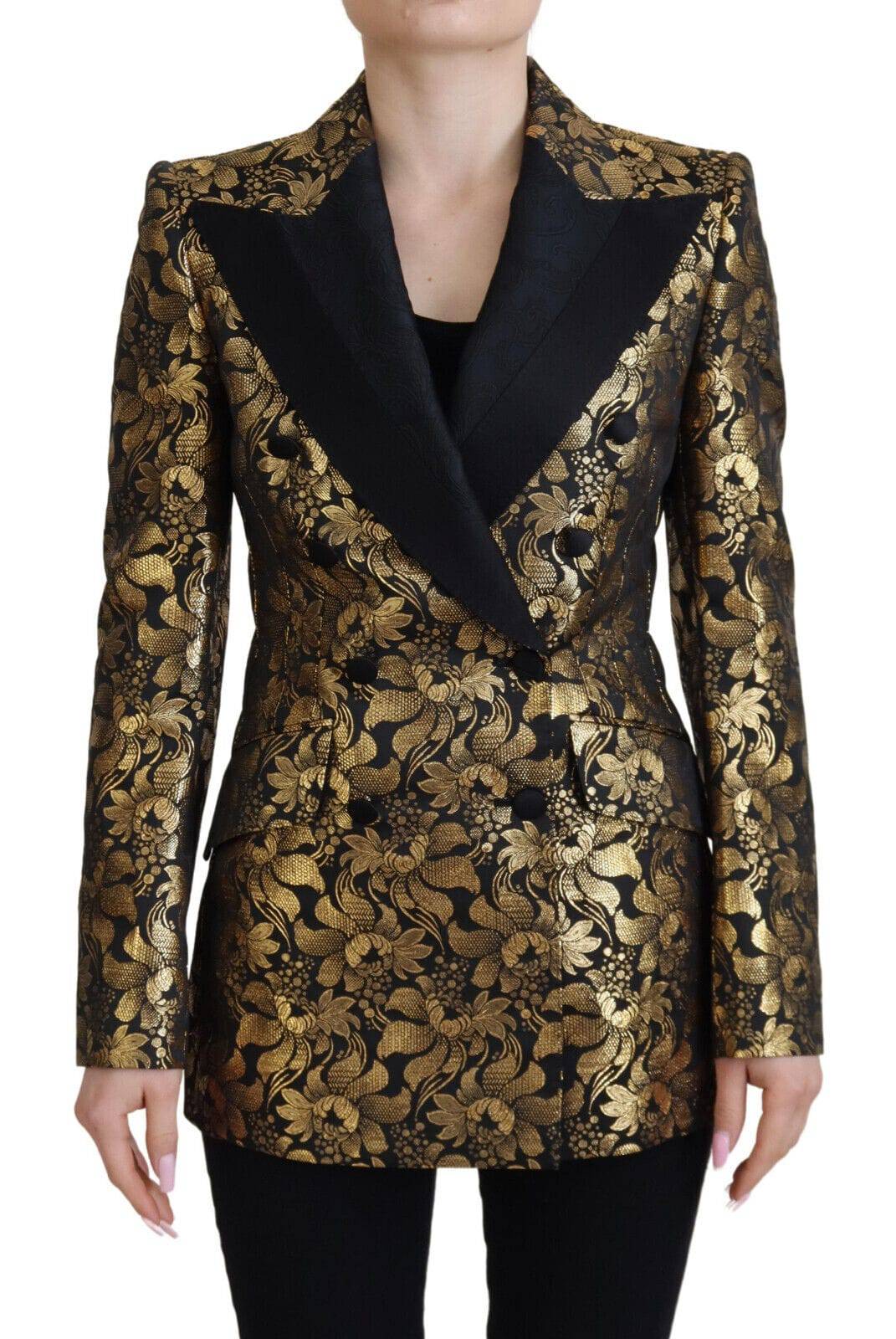 Blazer Dolce & Gabbana en jacquard noir et or, veste élégante avec motif sophistiqué, pour un look chic et raffiné.