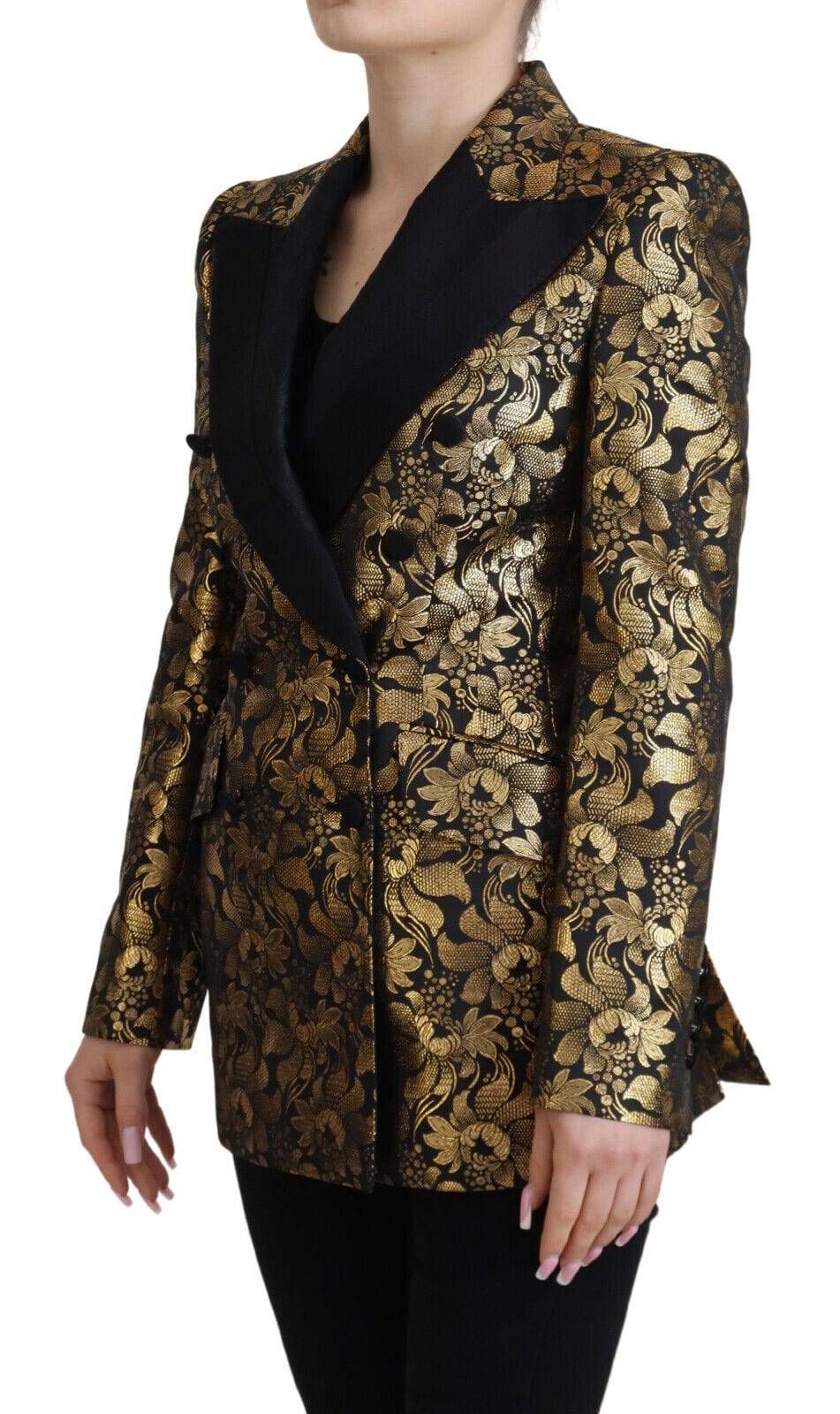 Manteau blazer Dolce & Gabbana en jacquard noir et or, veste élégante avec motif sophistiqué, pour un style chic et raffiné.