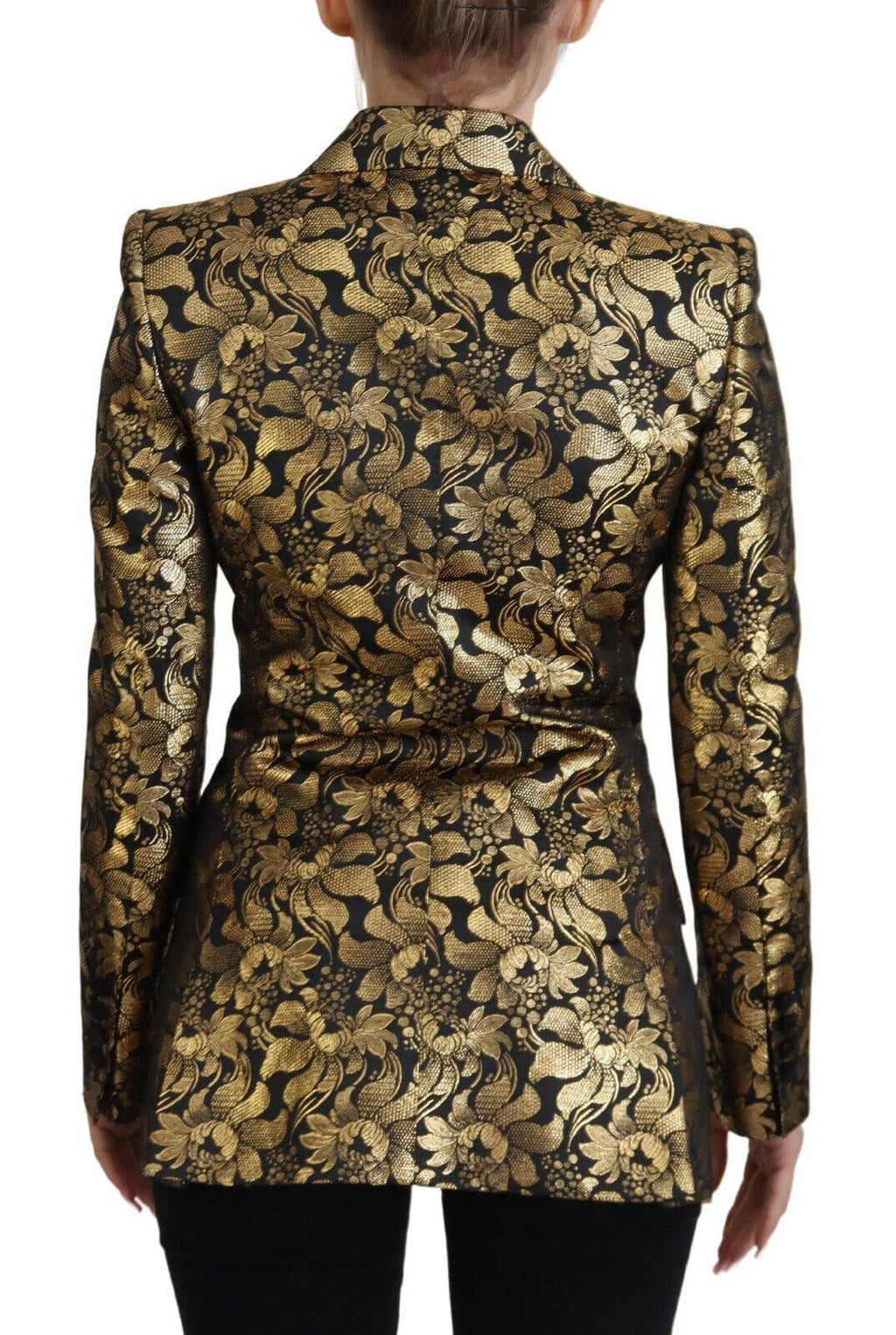 Veste blazer Dolce & Gabbana en jacquard noir et or, élégante et sophistiquée, visible avec détails de tissu brillant.