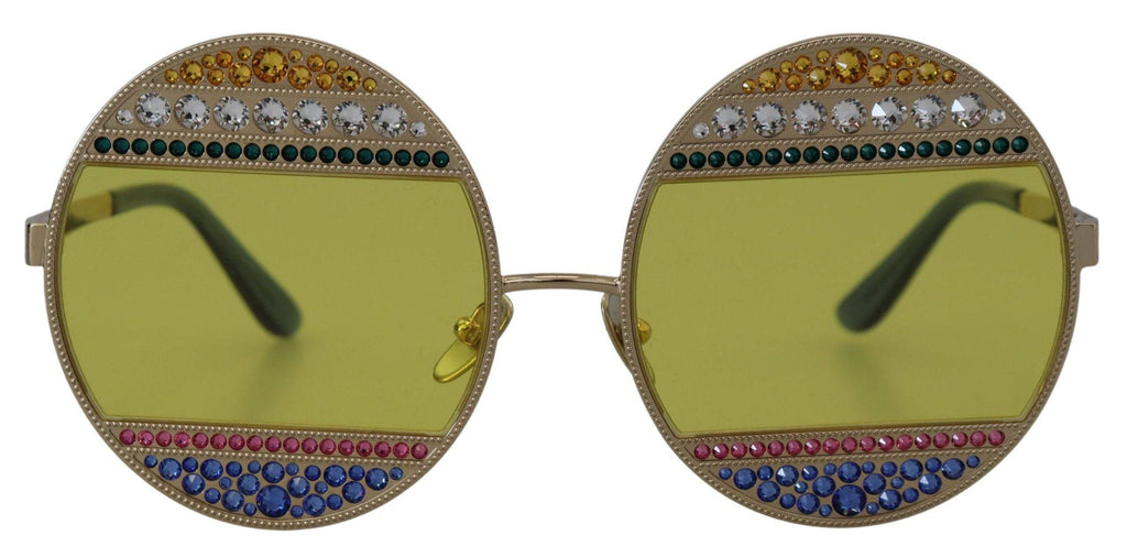 Lunettes de soleil Dolce & Gabbana DG2209B avec monture ovale en métal doré et cristaux, style élégant et sophistiqué.