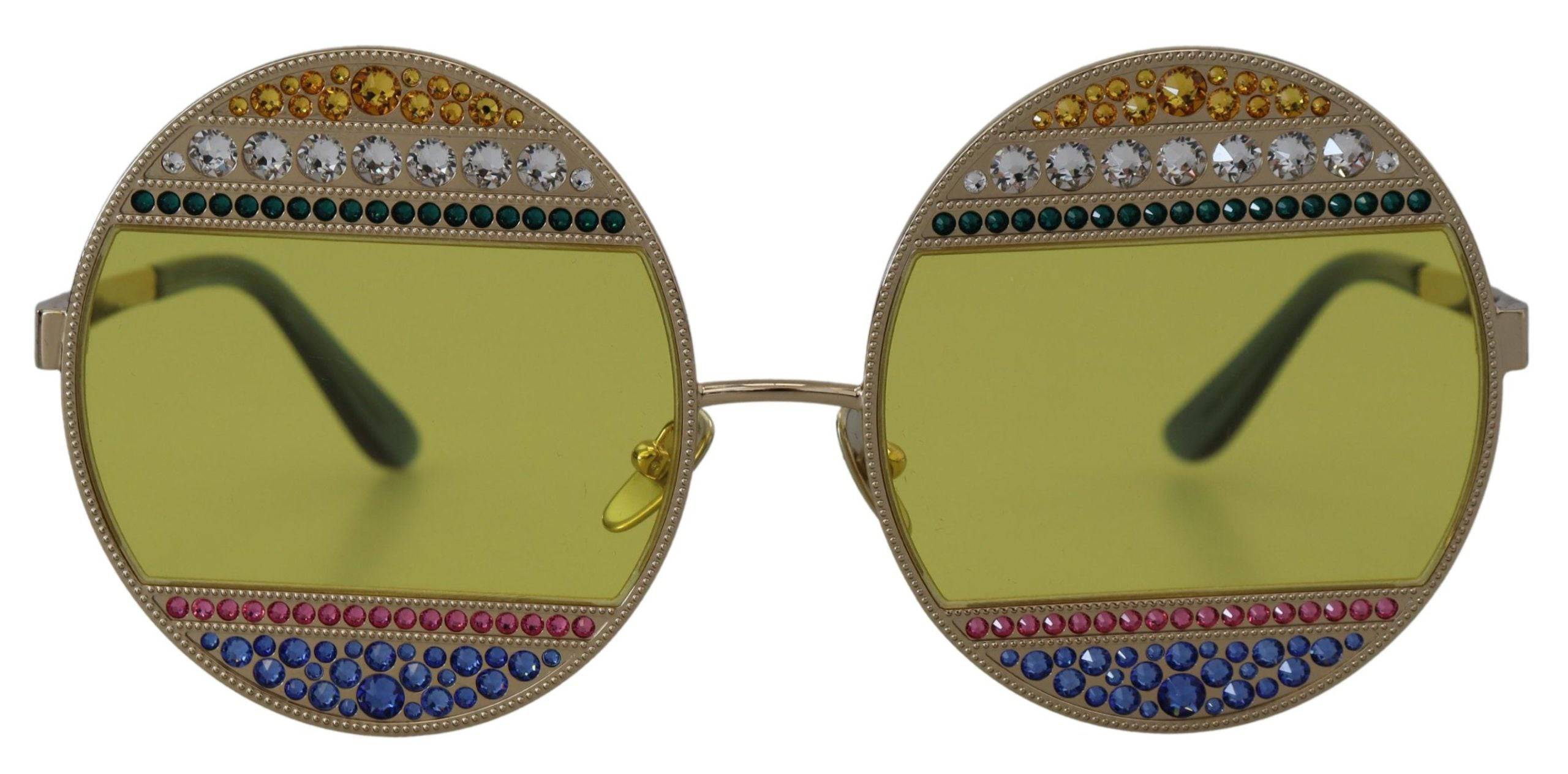 Lunettes de soleil Dolce & Gabbana DG2209B avec monture ovale en métal doré et cristaux, style élégant et sophistiqué.
