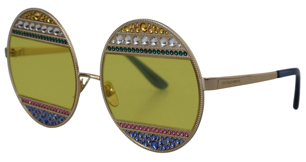 Lunettes de soleil Dolce & Gabbana DG2209B en métal doré avec cristaux ovales, style élégant et sophistiqué.