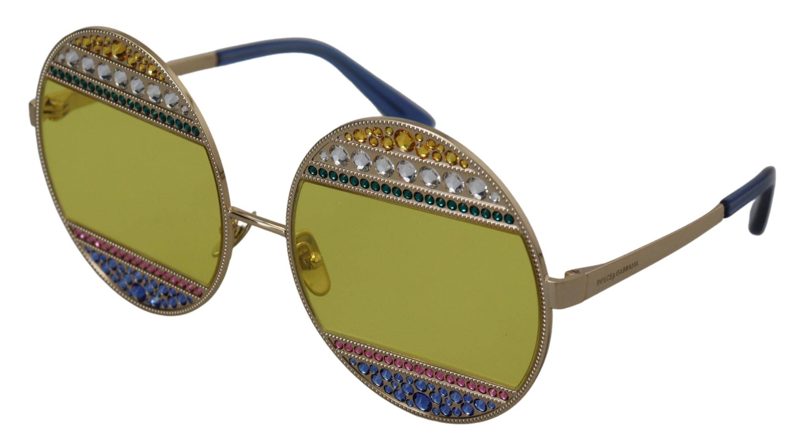 Lunettes de soleil dorées Dolce & Gabbana DG2209B avec monture ovale en métal et cristaux brillants, vues de face.