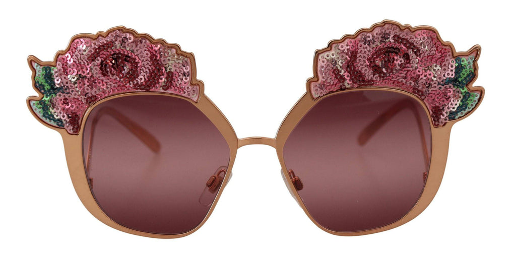 Lunettes de soleil Dolce & Gabbana roses dorées et sequins en rose avec broderie élégante, modèle DG2202.