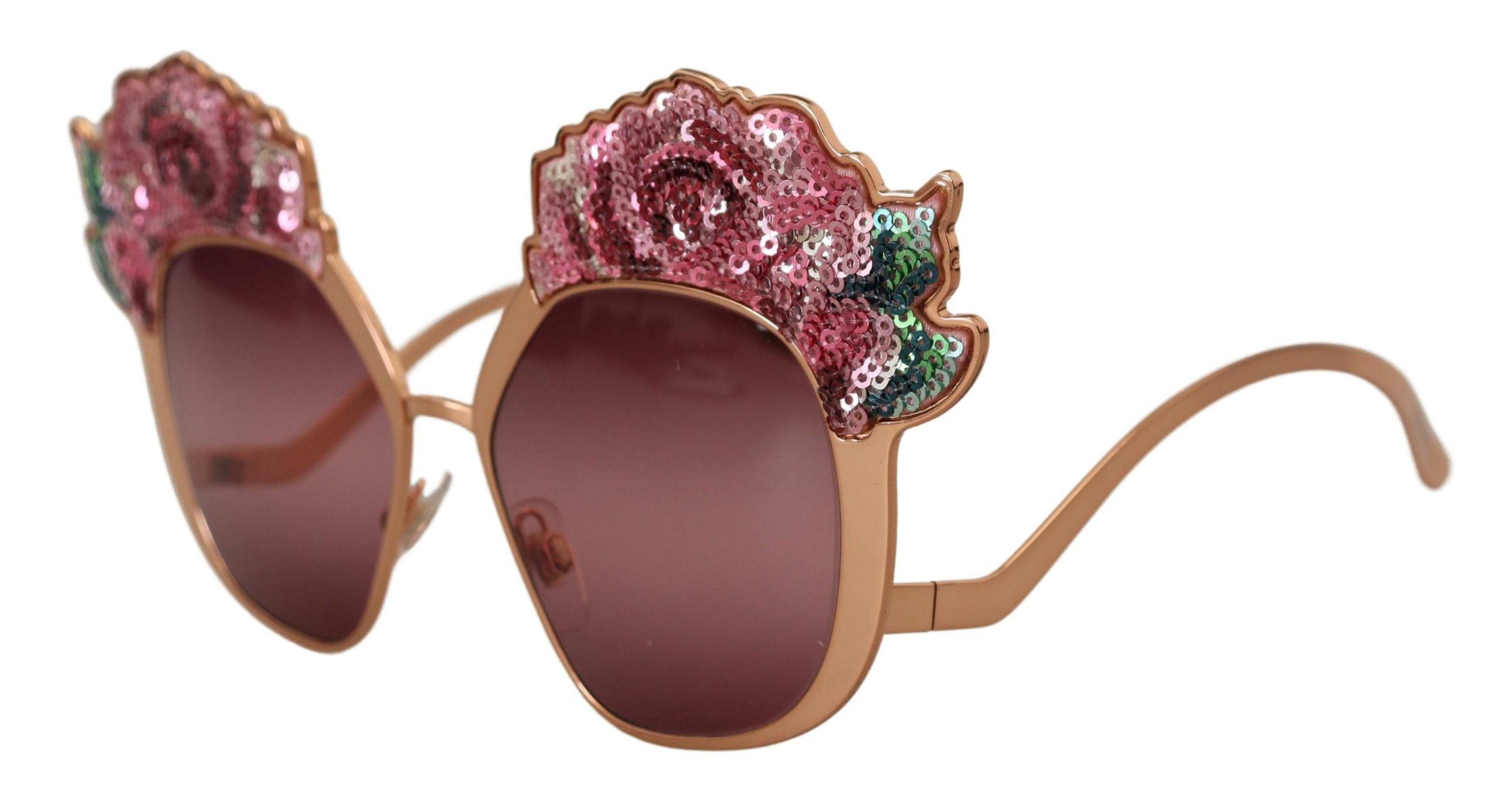 Lunettes de soleil Dolce & Gabbana Rose Gold avec sequins roses et broderie or, style élégant et sophistiqué.